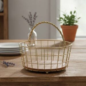 Elegant Gold Wire Fruit Basket with Wooden Base | Modern Kitchen & Dining Decor