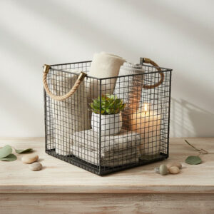 A Square Basket with Rope Handles (larger, taller, grid-wire pattern)