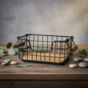 Industrial Chic Black Wire Basket with Acacia Wood Base | Kitchen Serving & Storage Caddy