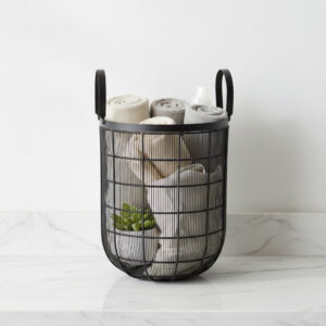 Wholesale Deep Round Black Grid Wire Basket with Handles | Modern Bath & Laundry Storage