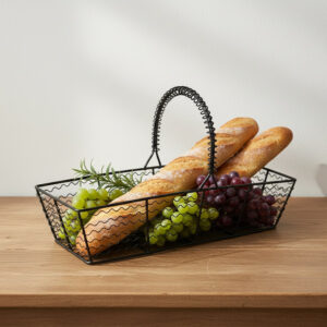 Wholesale Rectangular Black Mesh Wire Basket with Coiled Handle | Farmhouse Kitchen Serving & Storage