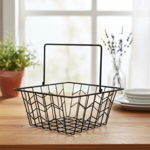Modern Black Metal Wire Storage Basket with Handle | Minimalist Kitchen & Home Organization