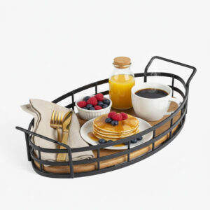 Oval Wooden Serving Tray with Metal Frame | Modern Breakfast & Bar Tray | Export Quality