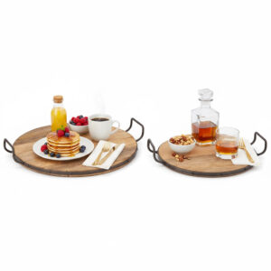 Set of 3 Round Wooden Serving Tray with Metal Handles | Rustic Bar & Dining Tray | Export Quality
