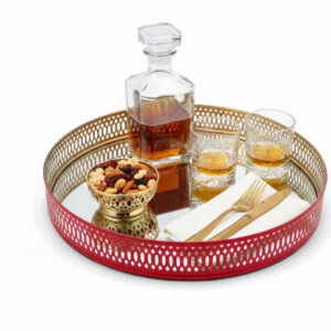 Elegant Mirrored Bar Tray with Decanter, Glassware, and Appetizers
