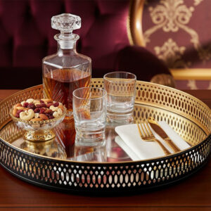 Round Metal Bar Serving Tray with Mirror Base | Luxury Cutwork Design | Export Quality