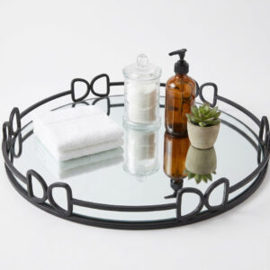 Round Metal Vanity Tray with Mirror Base | Decorative Bathroom & Tabletop Tray | Export Quality