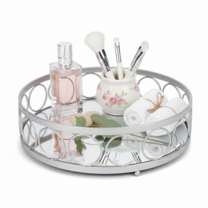 Round Metal Vanity Tray with Mirror Base | Silver Finish Bathroom Organizer | Export Quality